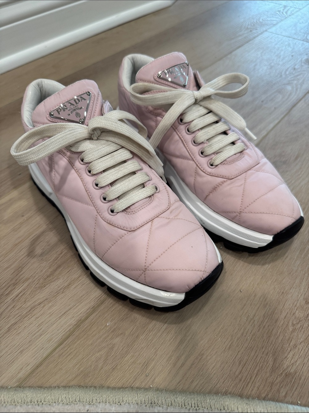 Prada Pink Quilted Nylon Sneakers with Cream Laces